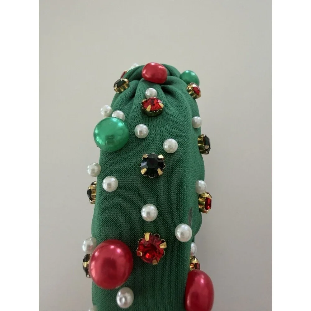 Green Christmas Pearl Rhinestone Non Slip Wide Top Knotted Headband Crystal